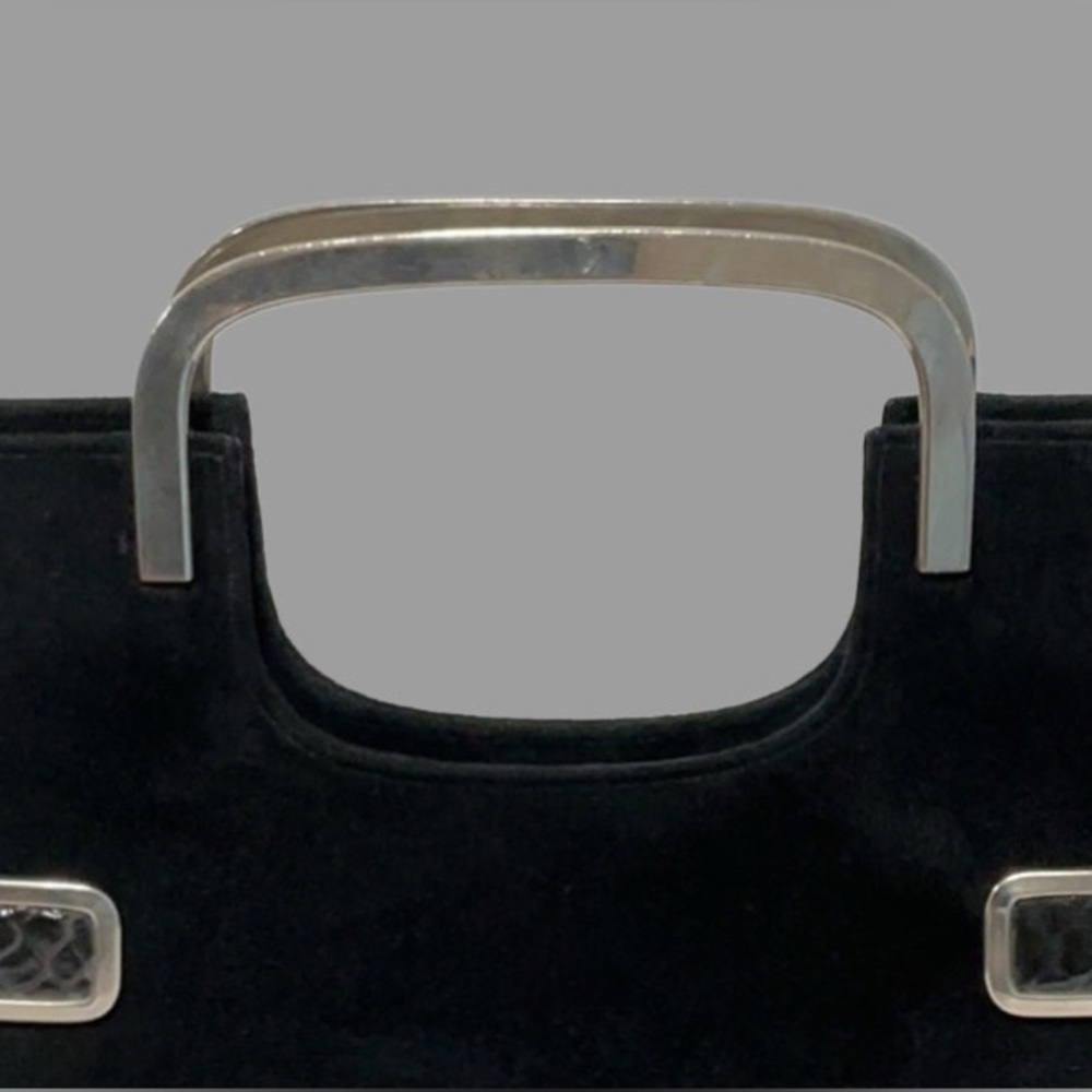 BLOCK Vintage Black Suede and Reptile Skin Frame Handbag with Grab Top Handles - Picture 7 of 10